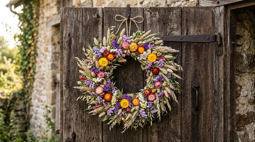 A finished dried-flower wreath of strawflowers, grasses and poppy heads on a wooden door