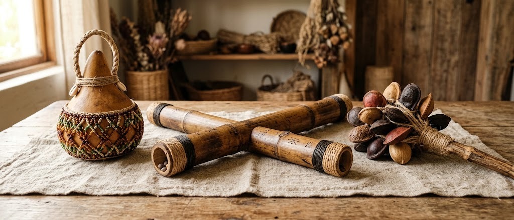 Gourd shakers with burned patterns beside bamboo chimes and dried poppy heads