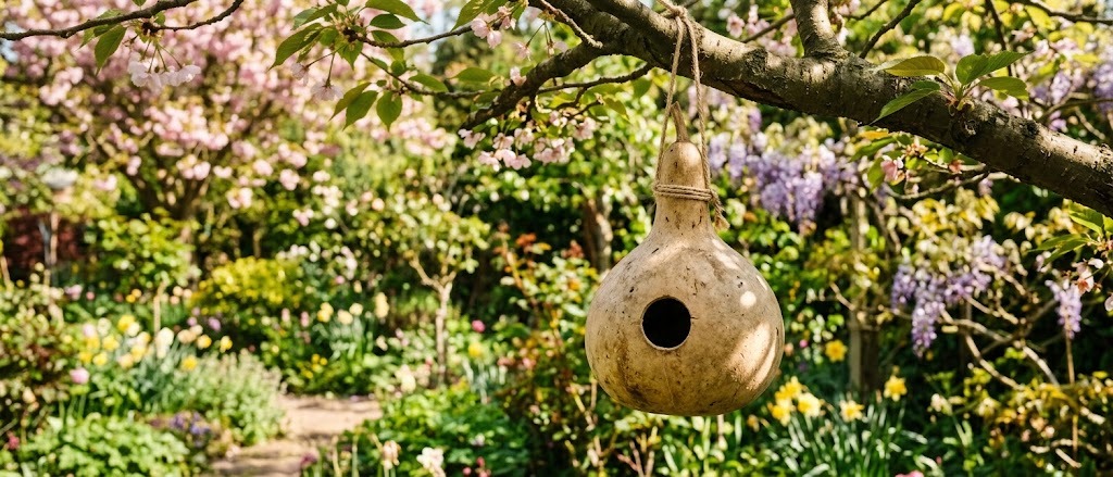 A painted gourd birdhouse hanging from a branch with a songbird at the entrance