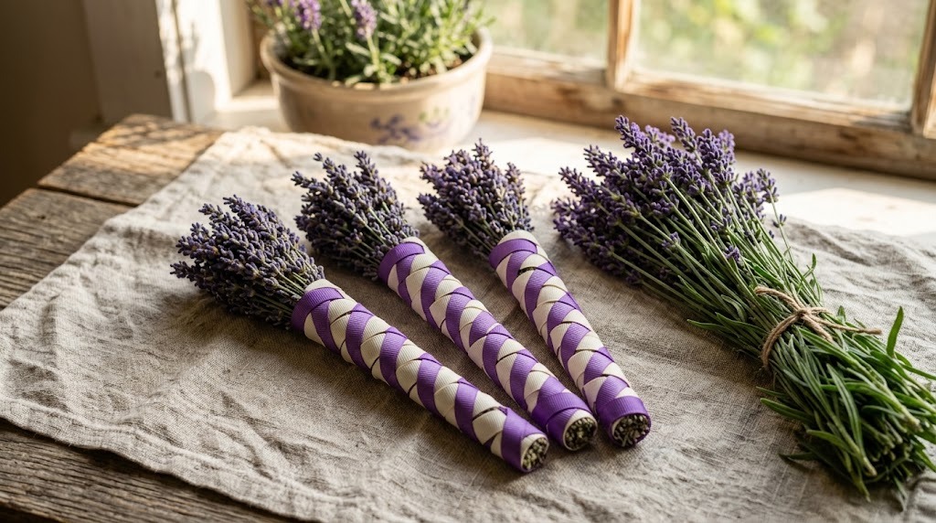 Finished woven lavender wands tied with ribbon beside a bunch of fresh lavender