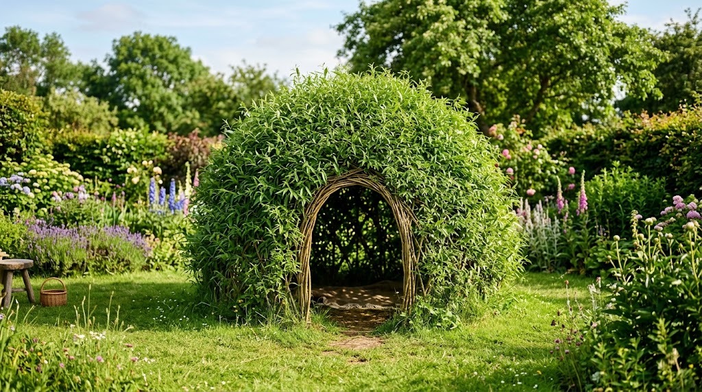 A leafed-out living willow dome with a doorway in a garden lawn