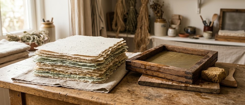 Handmade sheets of textured plant paper drying beside a mould and deckle