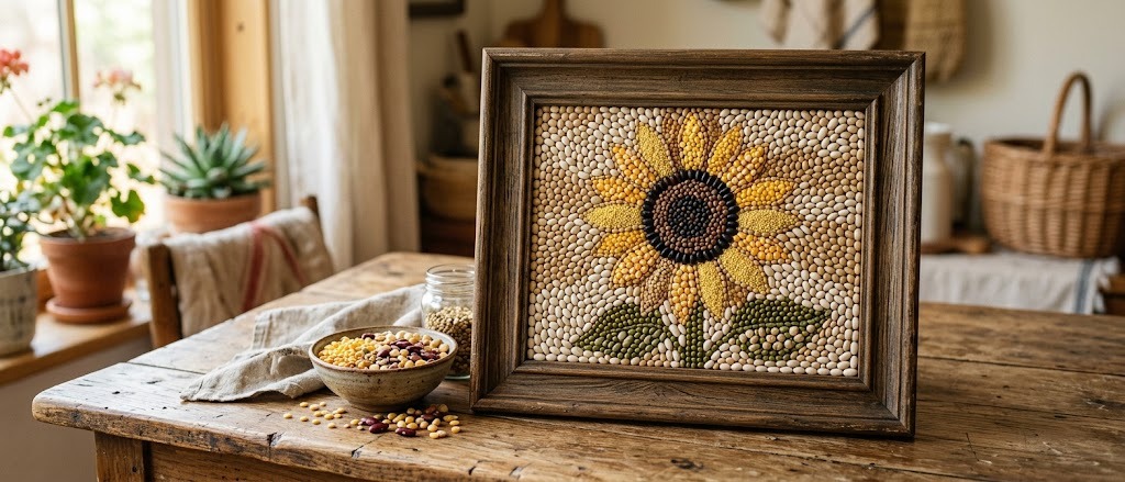A seed mosaic sunflower in progress with jars of sorted seeds and tweezers