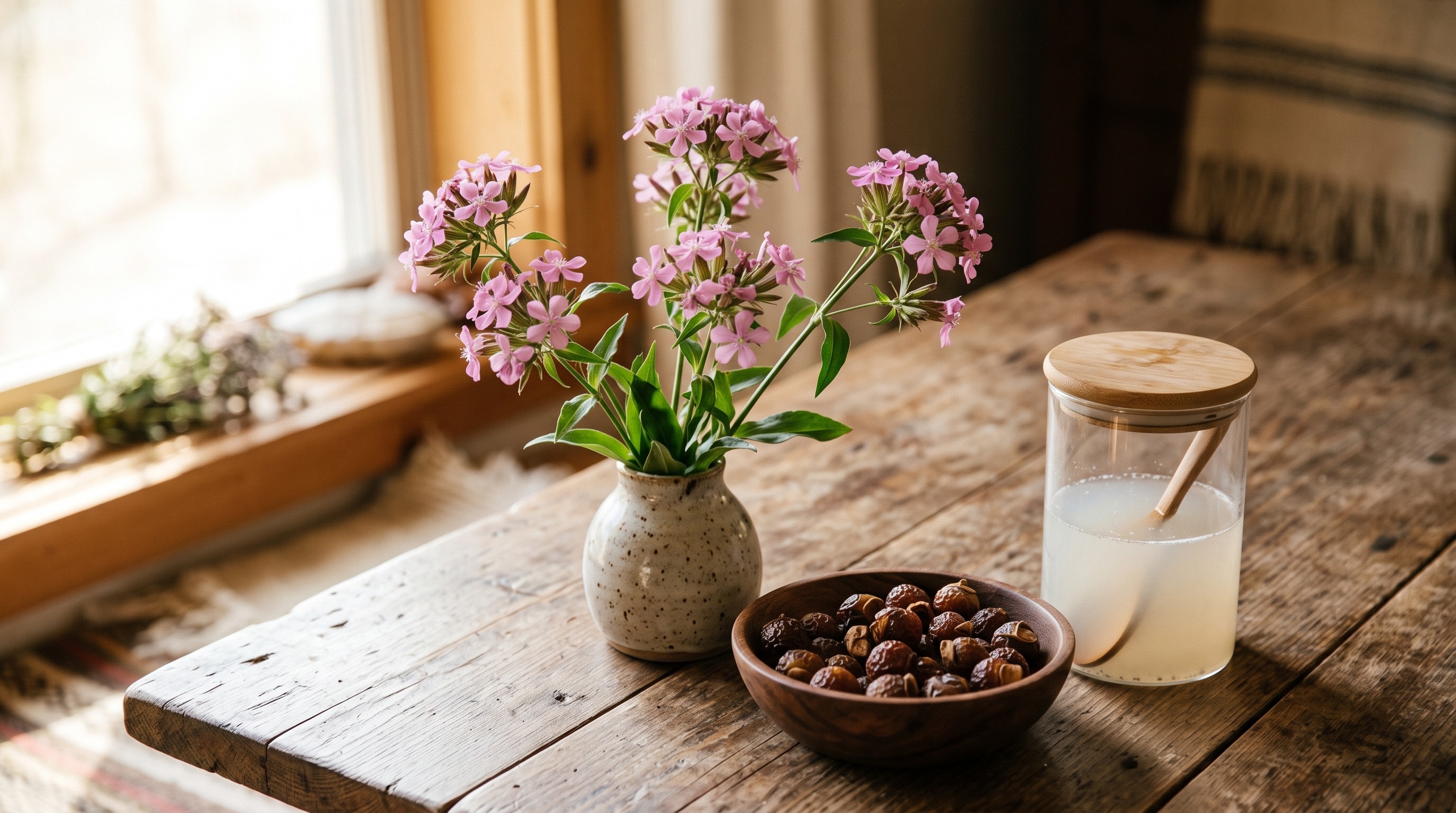 A foaming jar of soapwort wash beside pink soapwort flowers and soap nuts