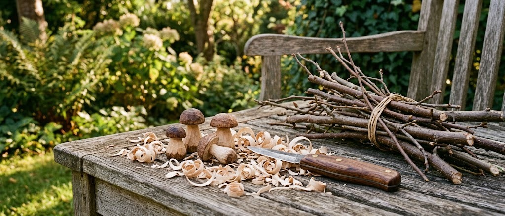 A sloyd knife, curled shavings and small whittled mushrooms on a workbench