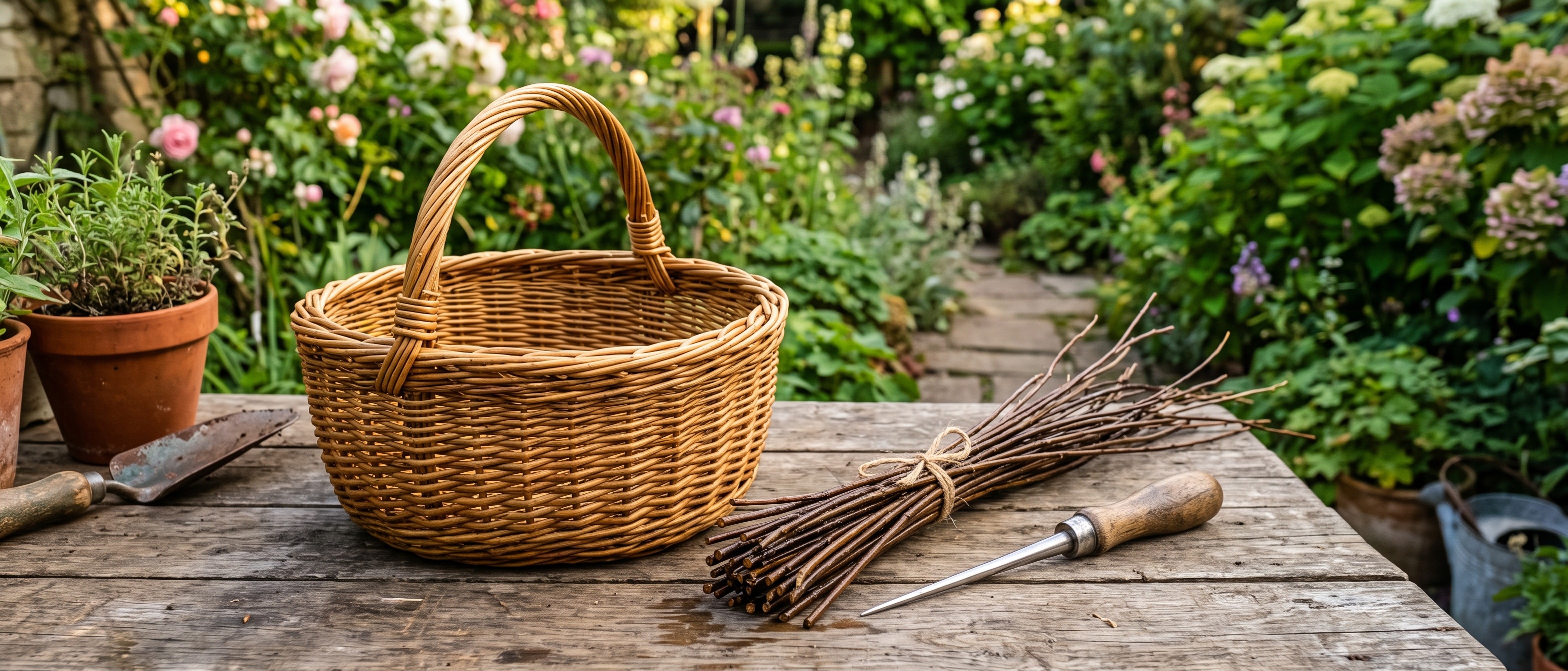 A finished small round willow basket beside soaked rods and secateurs
