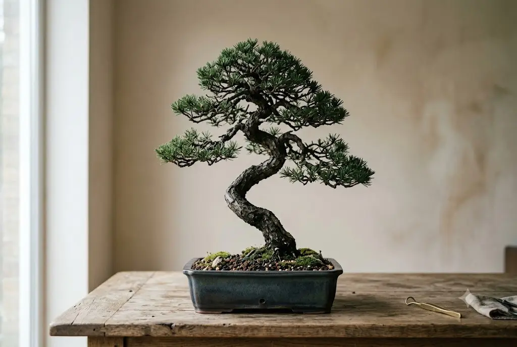 A shaped bonsai tree in a shallow pot