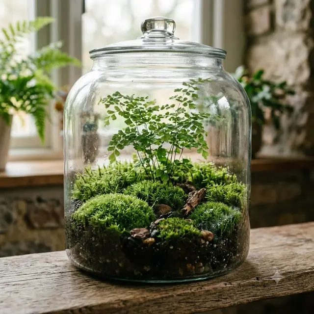 A finished moss & fern terrarium