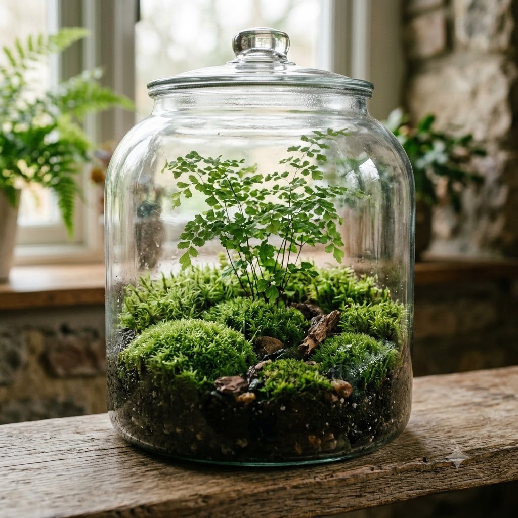 A finished moss & fern terrarium