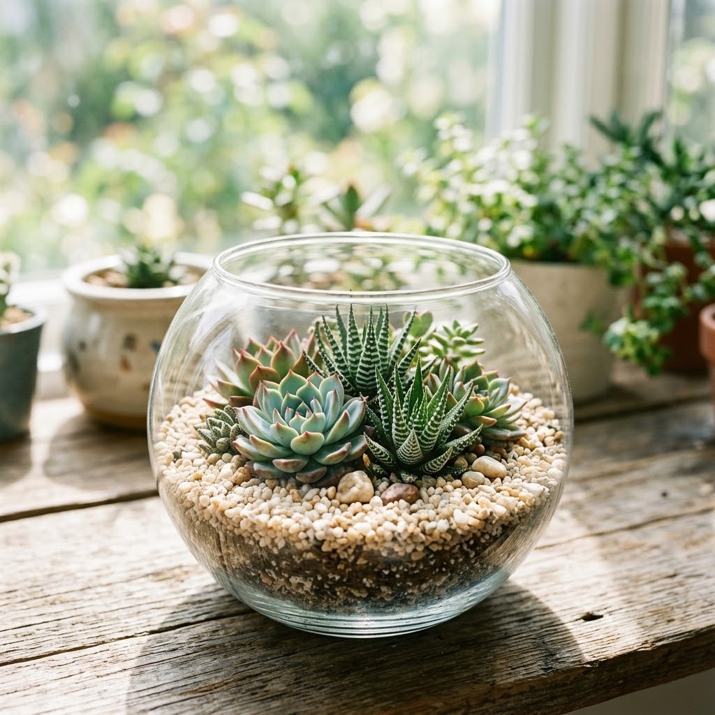 A finished succulent & cactus terrarium
